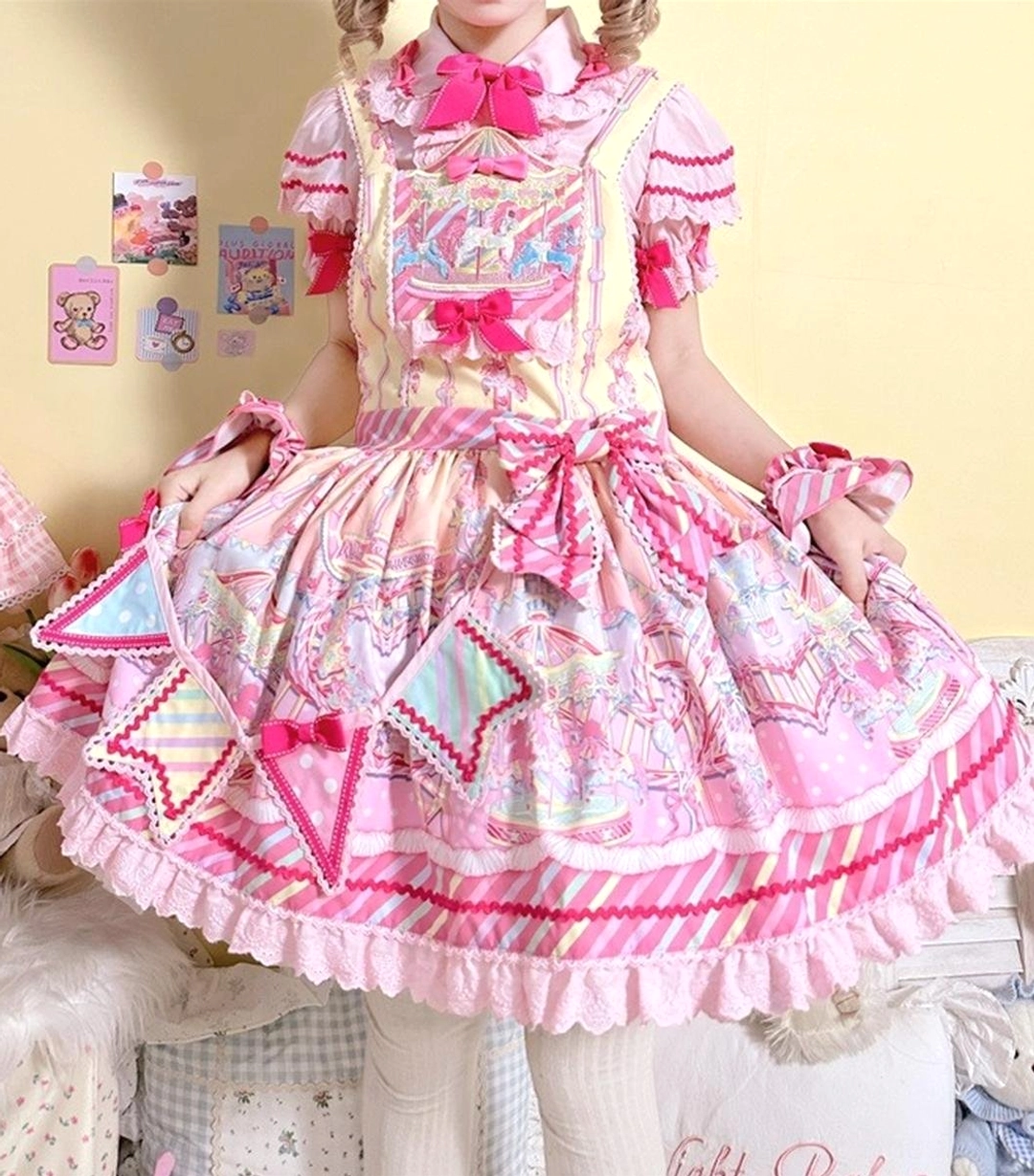 Yellow salopette only option for Jirai Kei sweet Lolita set standalone piece with amusement park prints
